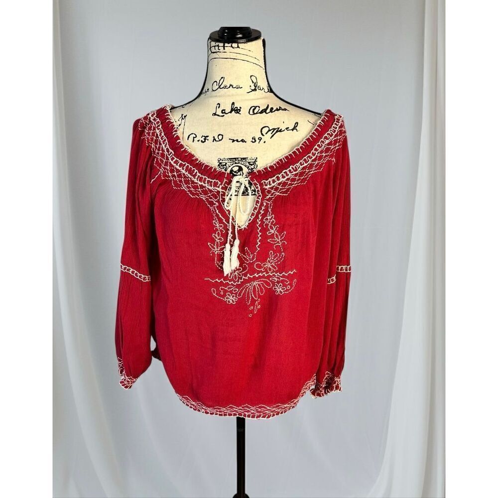 Brand New Magazine Boutique Women's Size Large Red Boho Blouse Embroidered